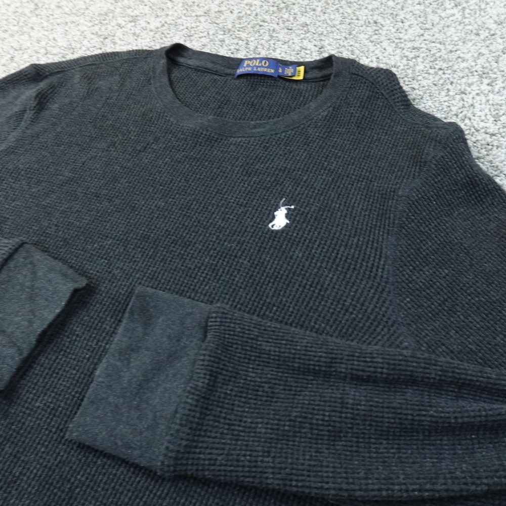 Polo Ralph Lauren Sweater Mens L Black Gray Thermal Waffle Knit Crewneck Pony